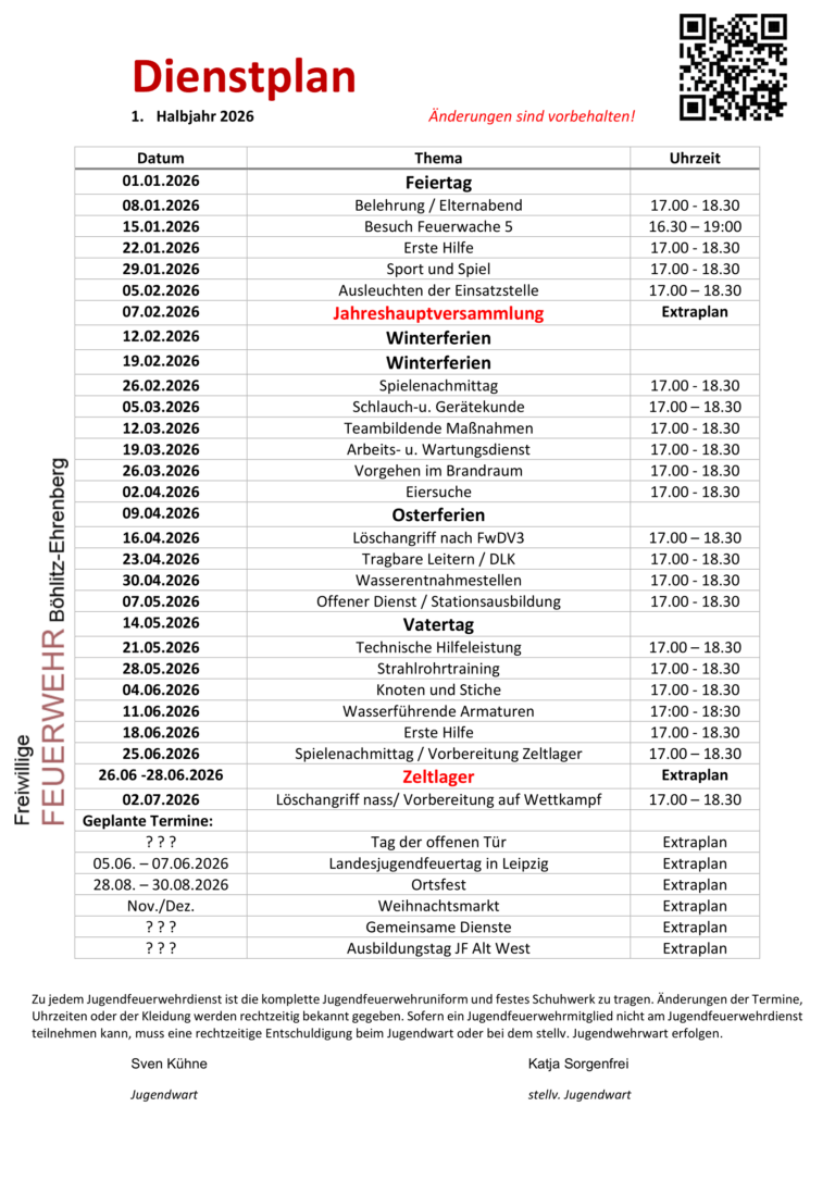 Dienstplan Jugendfeuerwehr
